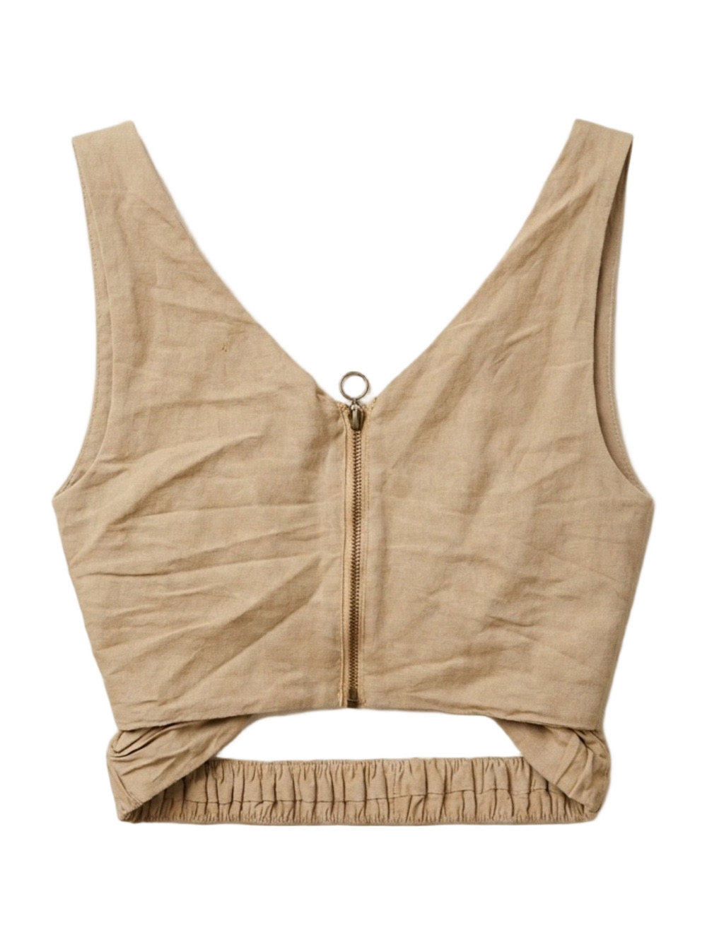 Zara Linen Blend Wrap Crop Top Taupe Ring Zip Cut Out Back Medium